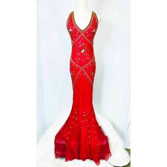 Vintage Y2K | Coral and Gold Bias Mermaid Cut Gown | Sz Small - Picture 1 of 13
